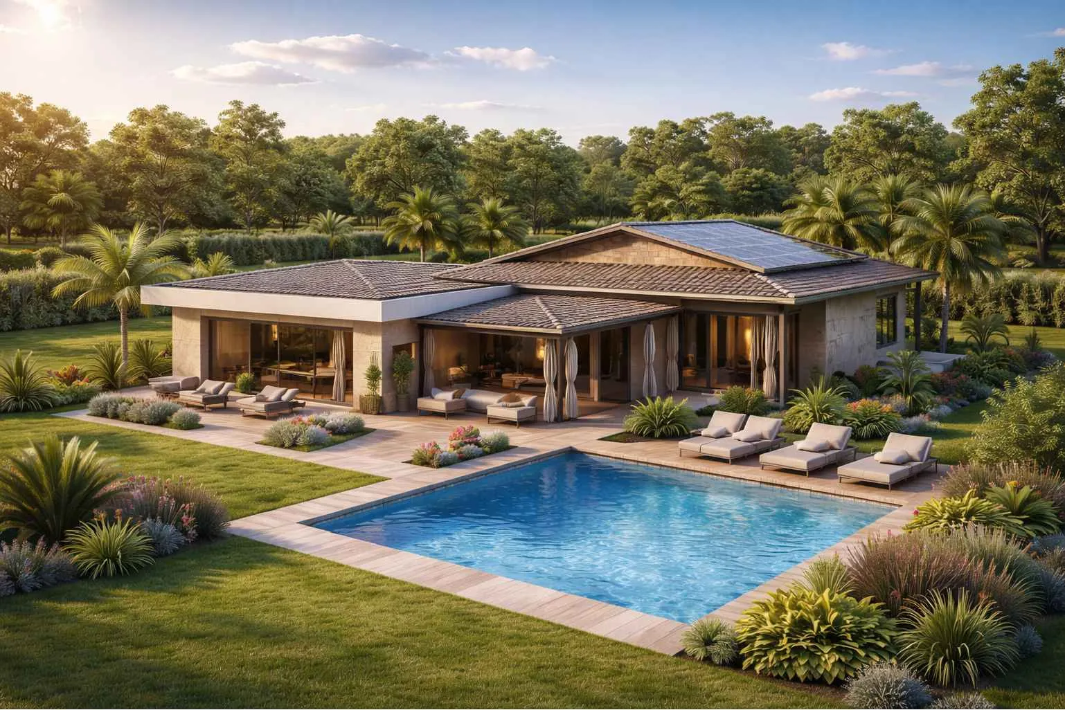 Render de casa campestre de un piso con piscina