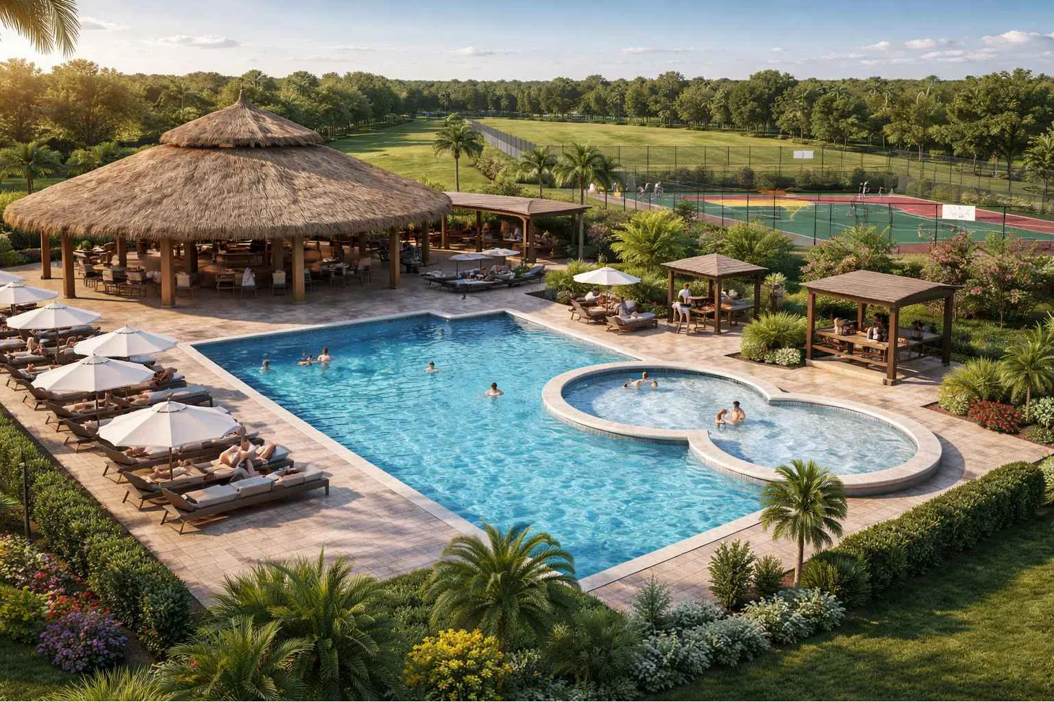 Render del área común con piscina, jacuzzi y kiosko de techo en palma