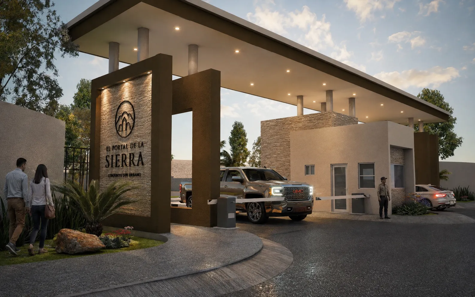 Render al atardecer de la portería con talanquera y caseta de vigilancia